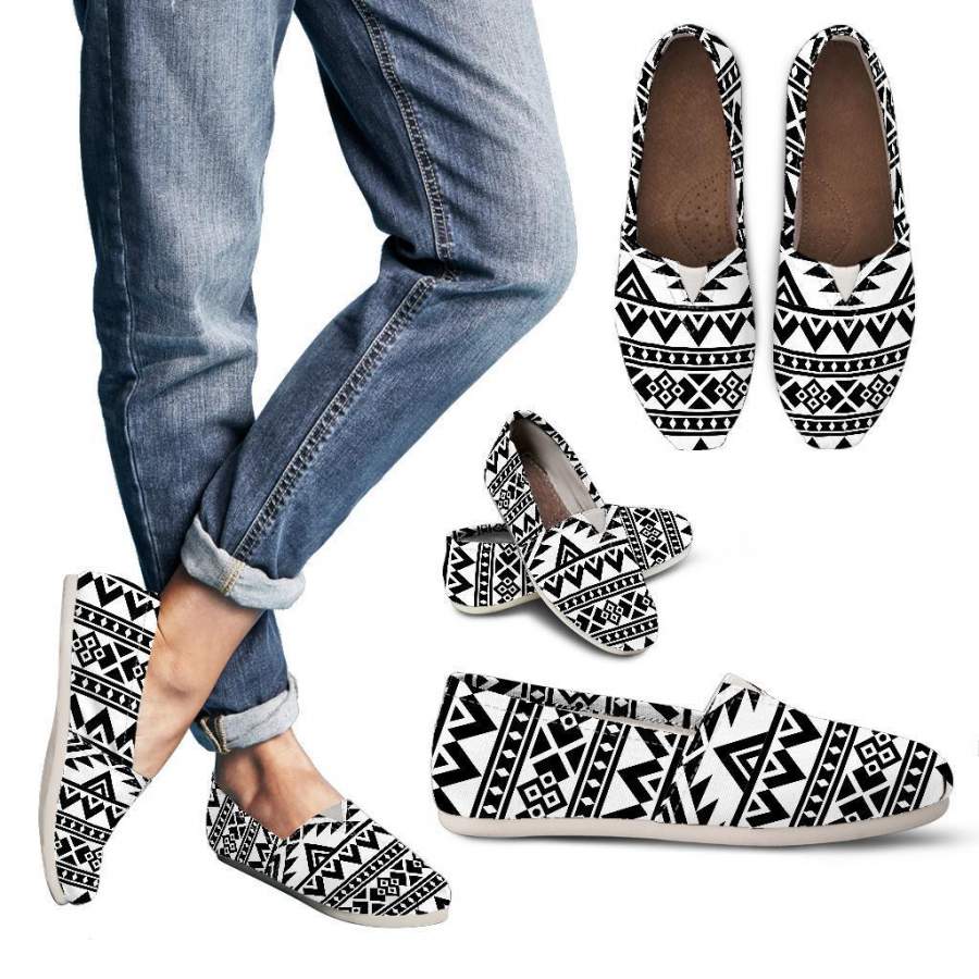 White And Black Aztec Pattern Print Women’s Casual Shoes