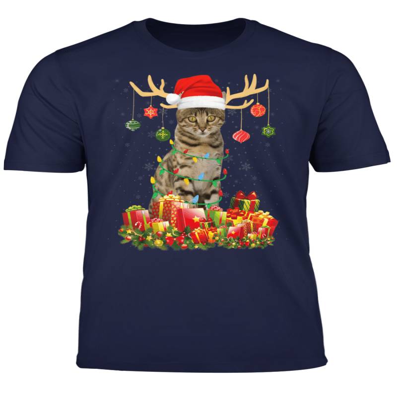 Bengal Cat Reindeer Santa Hat Christmas Light Xmas T-Shirt