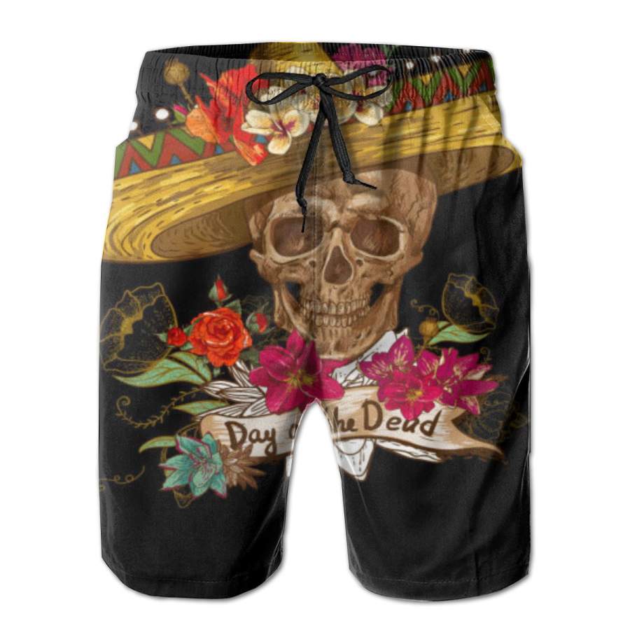 2 Pack Day Of The Dead Mexican Skull Horizontal Poster Men Swim Trunks Drawstring Elastic Waist Quick Dry Beach Shorts with Mesh Lining Swimwear Bathing Suits