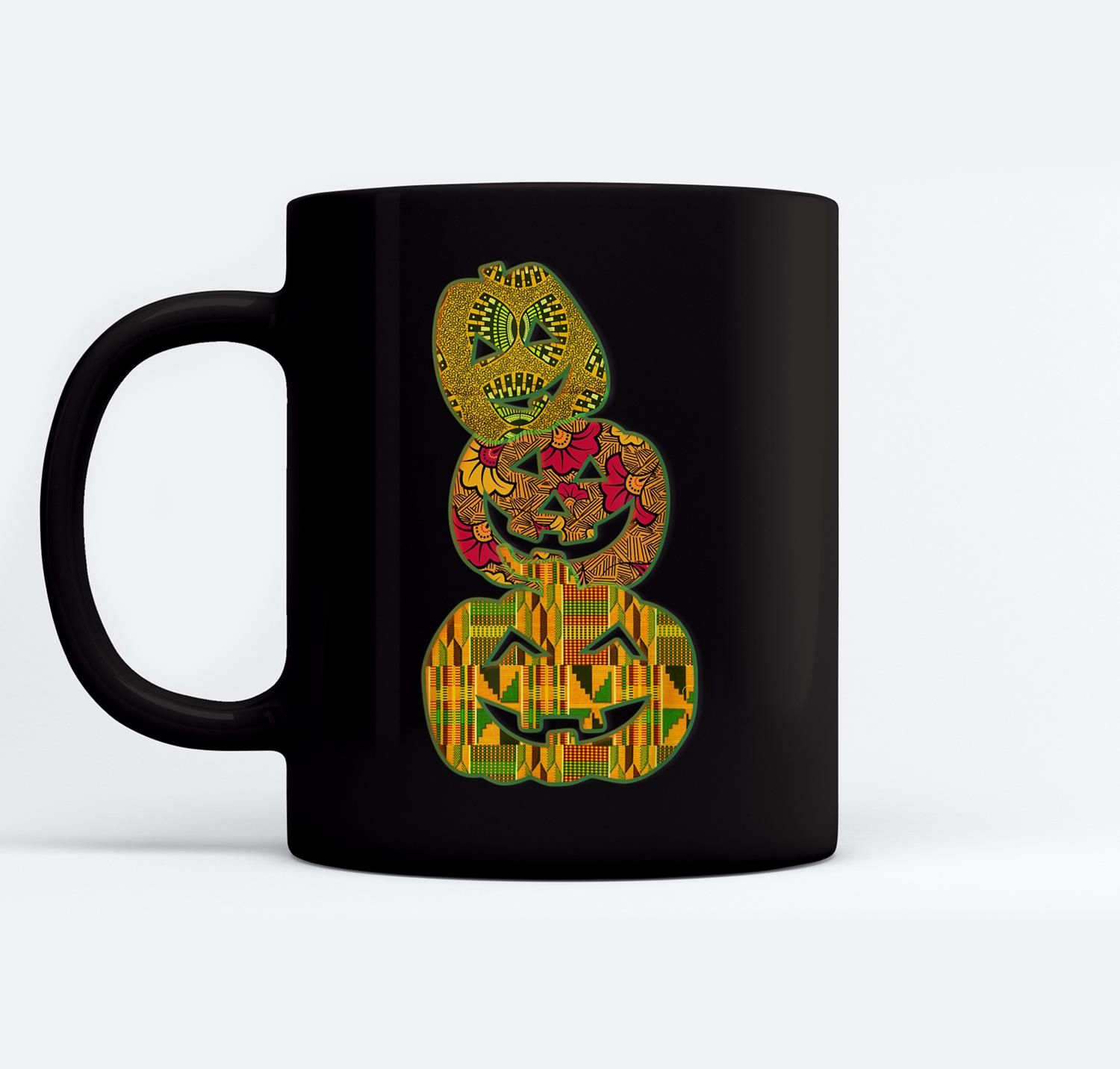 Stumbling Stacked Pumpkins Kente African Print Halloween Ceramic Coffee Black Mugs