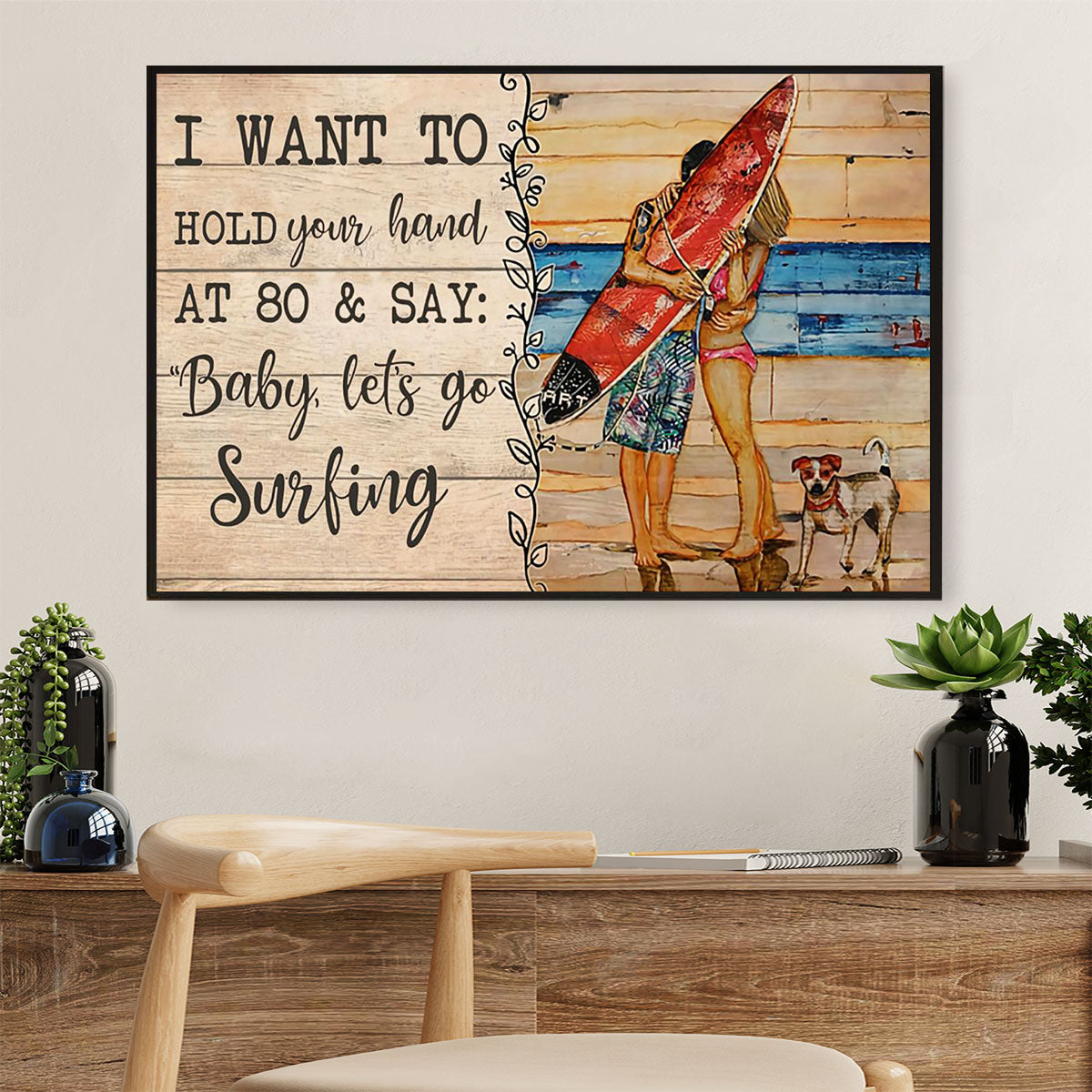 Water Surfing Poster Prints | Couple Girlfriend & Boyfriend Husband Wife | Wall Art Gift For Beach Surfer