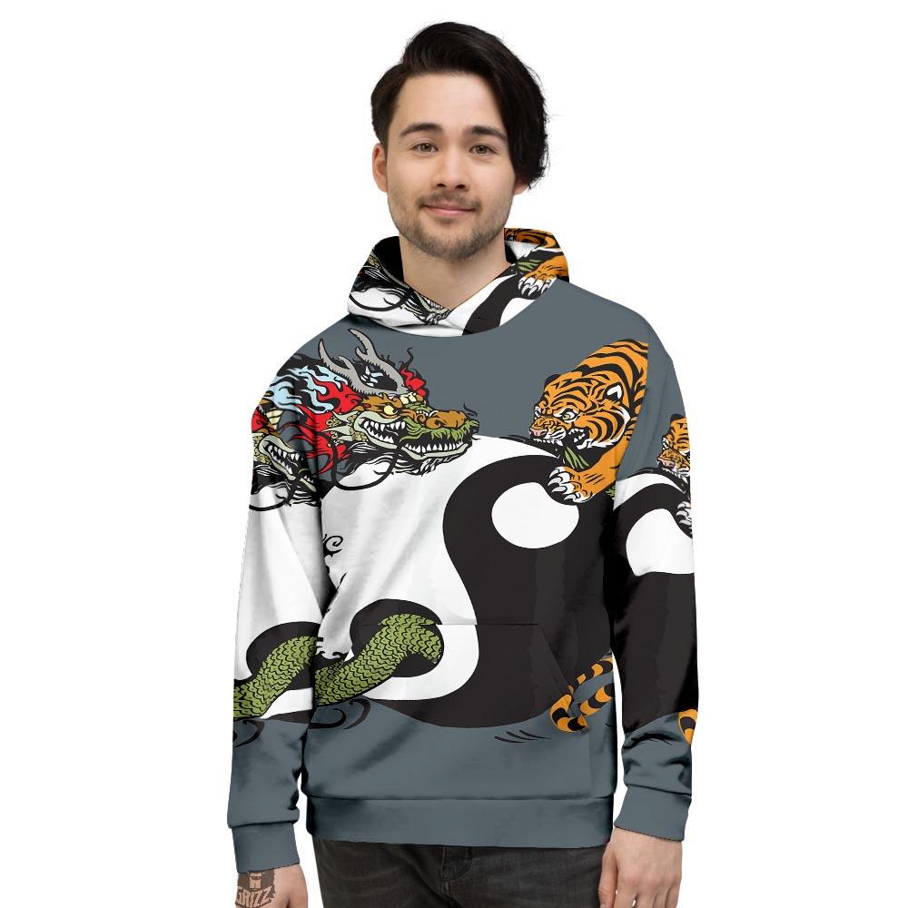 Yin Yang Dragon And Tiger Print Men’S Hoodie