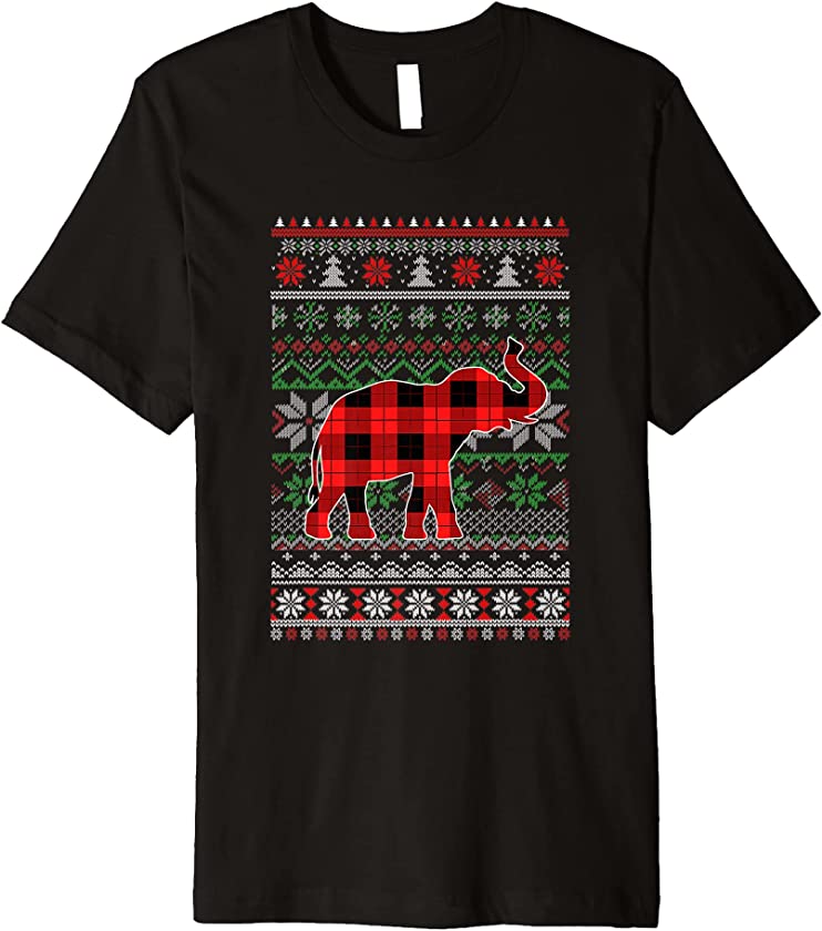 Ugly Christmas Sweater Elephant Plaid Funny Holiday Winter Premium T-Shirt