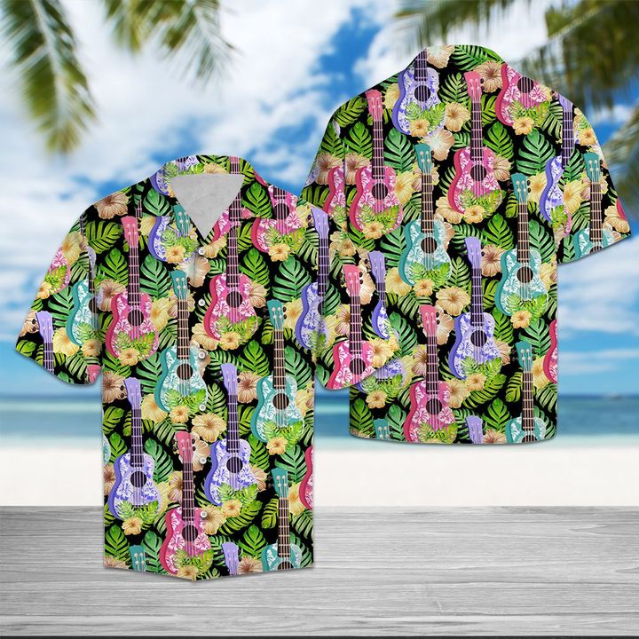 Ukulele Yellow Hibiscus Flower Hawaiian Shirt Summer Button Up For Men, Women, Couple