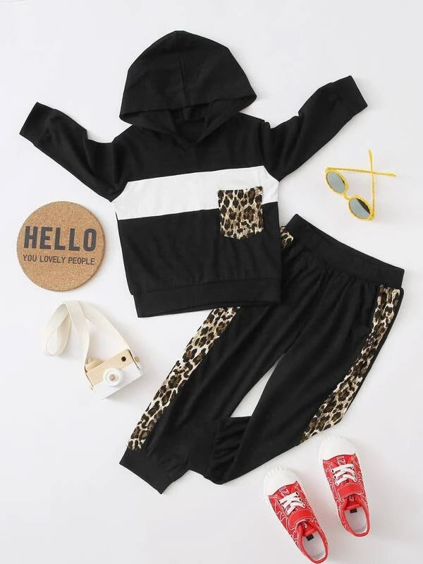 Toddler Girls Colorblock And Leopard Print Hoodie With Sweatpants