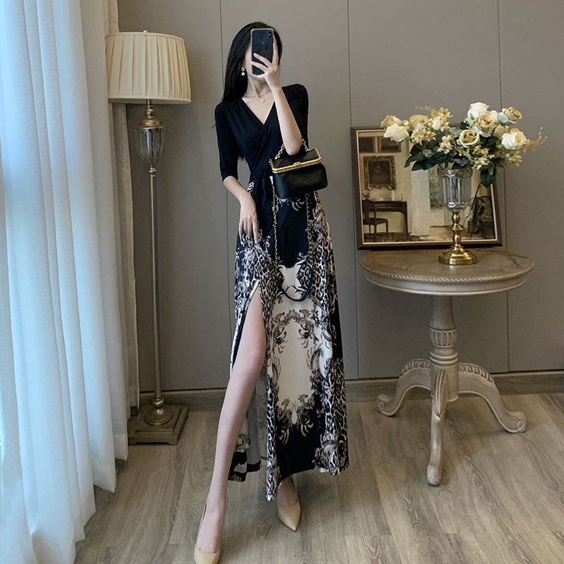 Three-quarter Sleeve Korea Women Bohemian Beach Wrap Dresses High Waist Split Sexy Ankle-length Elegant Ladies Holiday Dress alx