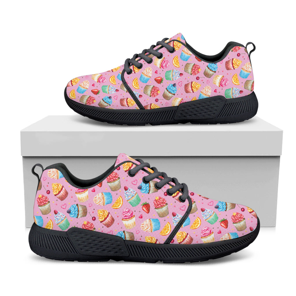 Watercolor Cupcake Pattern Print Black Athletic Shoes