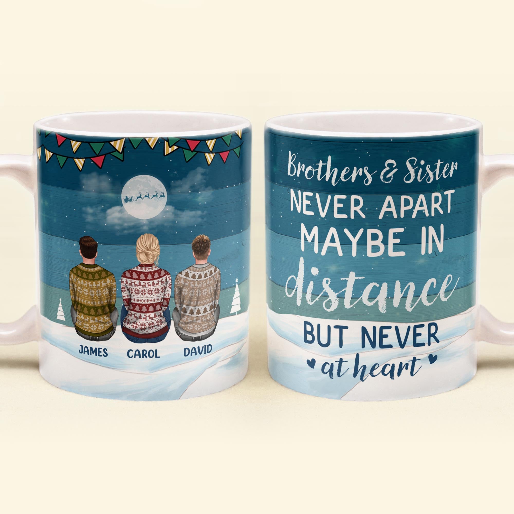 Brothers & Sisters Never Apart – Personalized Mug – Christmas Gift Siblings Mug For Siblings – Ugly Christmas Sweater