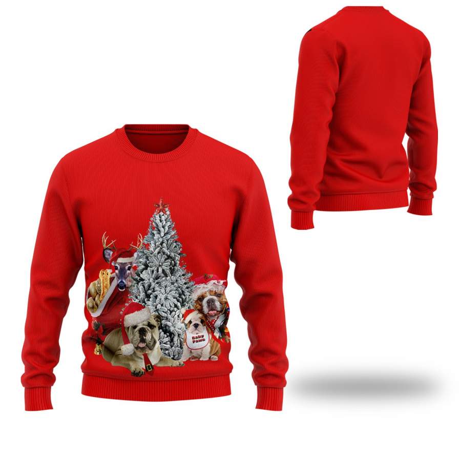 Bulldog Christmas Sweater SweatShirt Santa Bulldog Family Around Christmas Tree