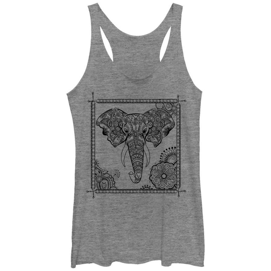 Lost Gods Women’s Elephant Henna Frame  Racerback Tank Gray Heather