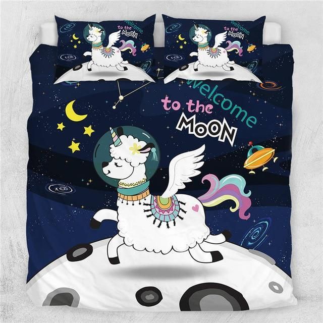 Welcome To The Moon Llama Unicorn Duvet Quilt Bedding Set