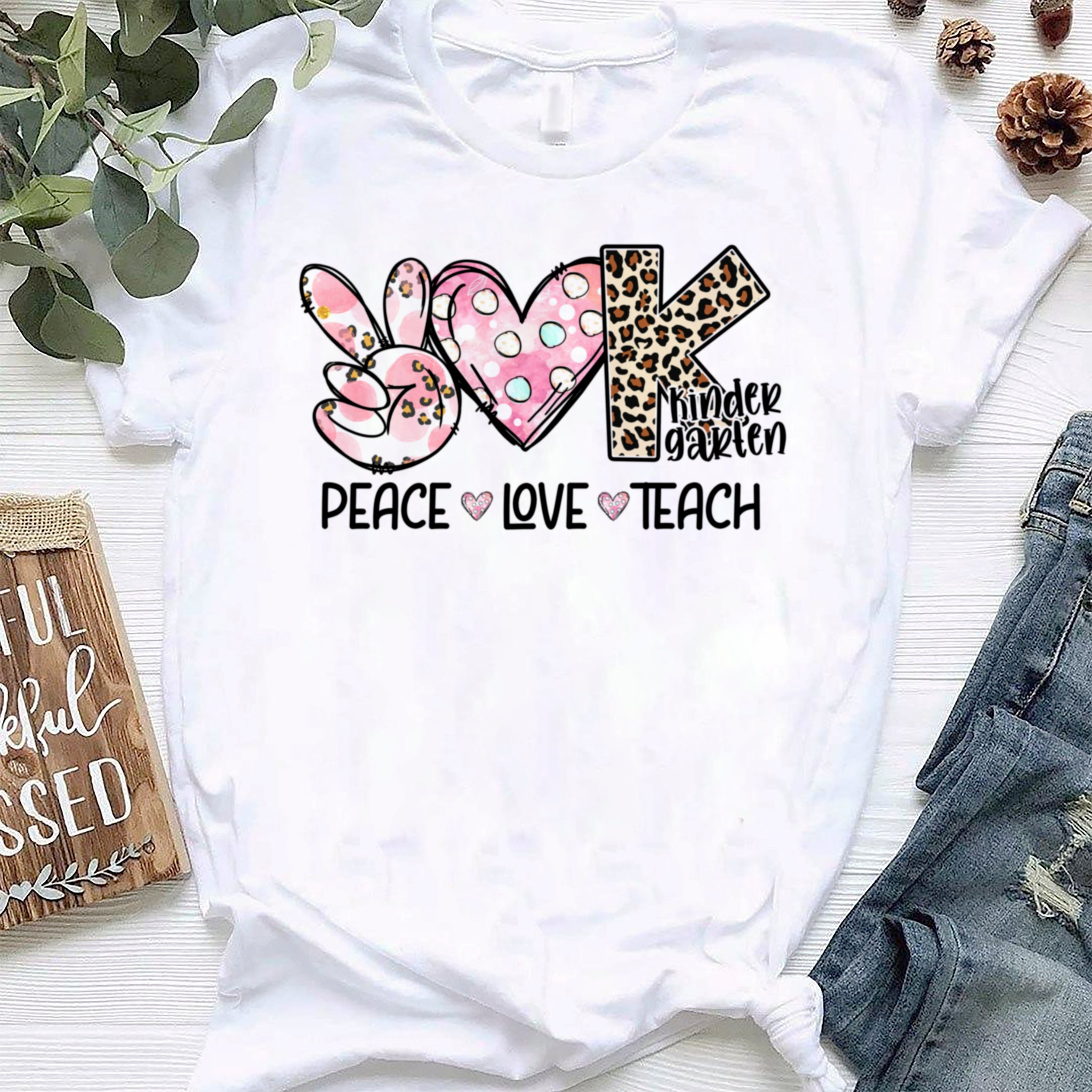 Personalized T-Shirt For Teacher Peace Love Teach V Hand Sign And Heart Printed Leopard And Polka Dot Design