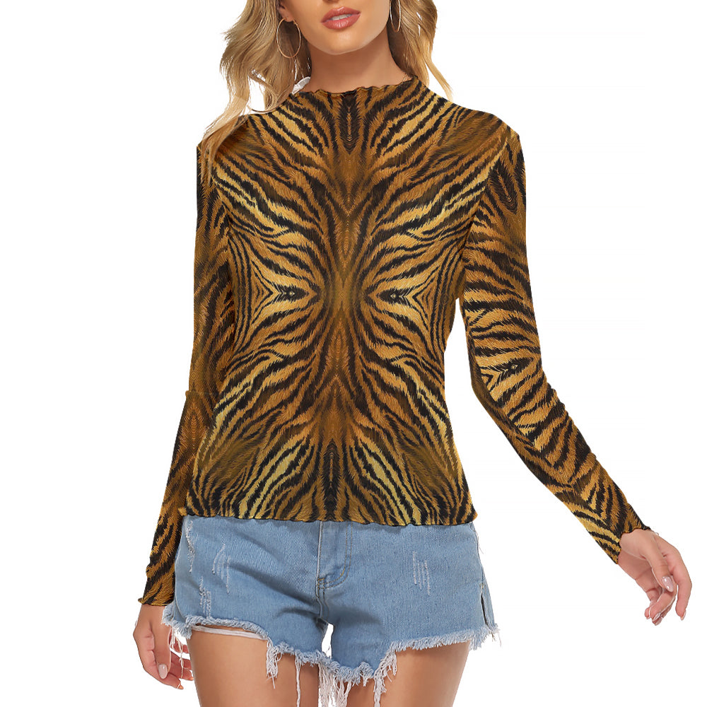 Tiger Skin Print Long Sleeve Mesh T-Shirt