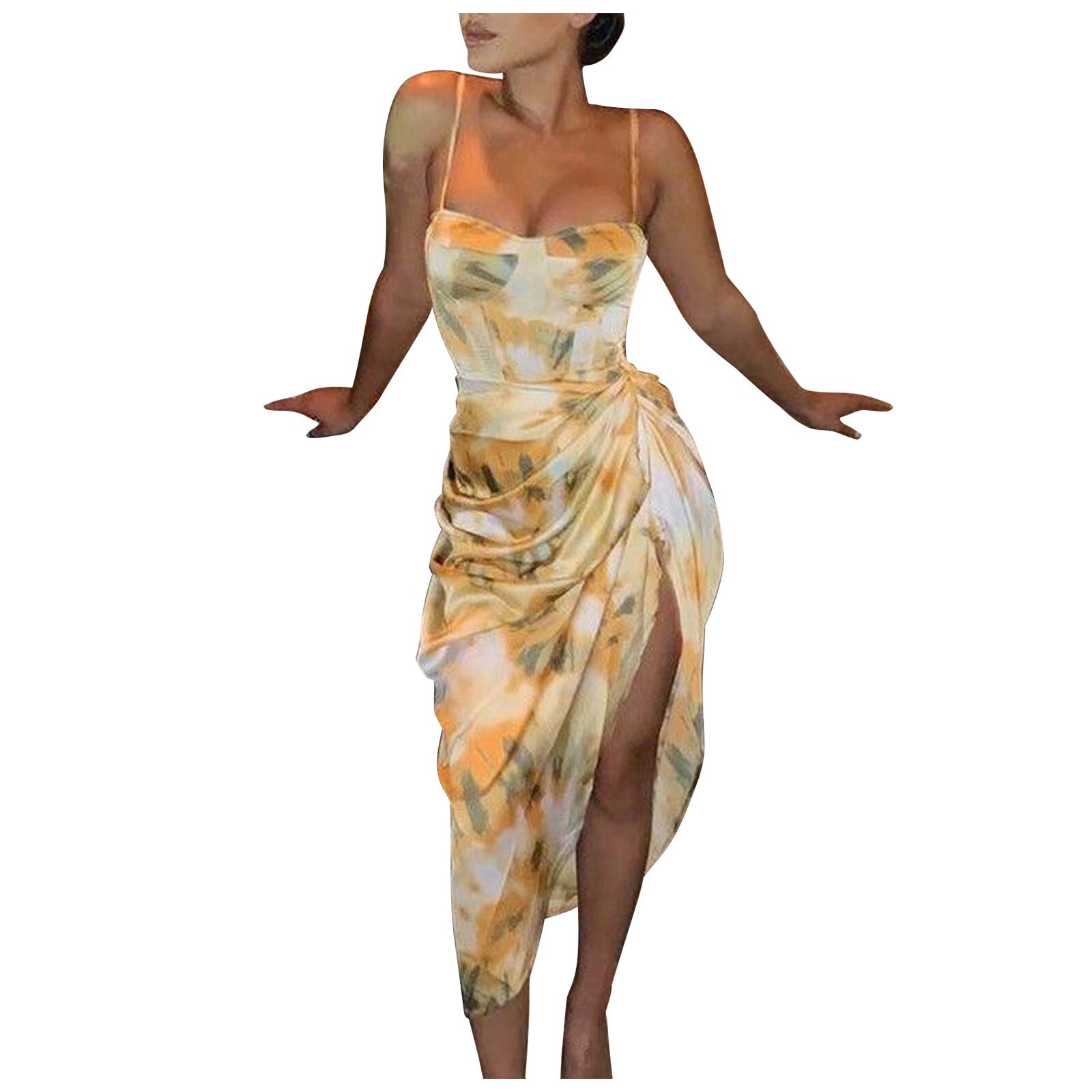 Women’s 2021 Yellow Tie Dye Flower print Spaghetti Strap Dress Vintage Hem Slim Waist Slit Irregular Long Dresses Sling Vestidos alx