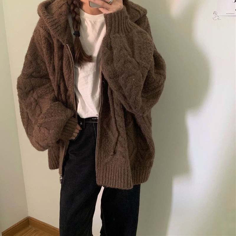 Biyaby Vintage Brown Women Knitted Cardigan 2022 Autumn Winter Hooded Twist Sweater Woman Long Sleeve Zipper Crochet Outerwear alx