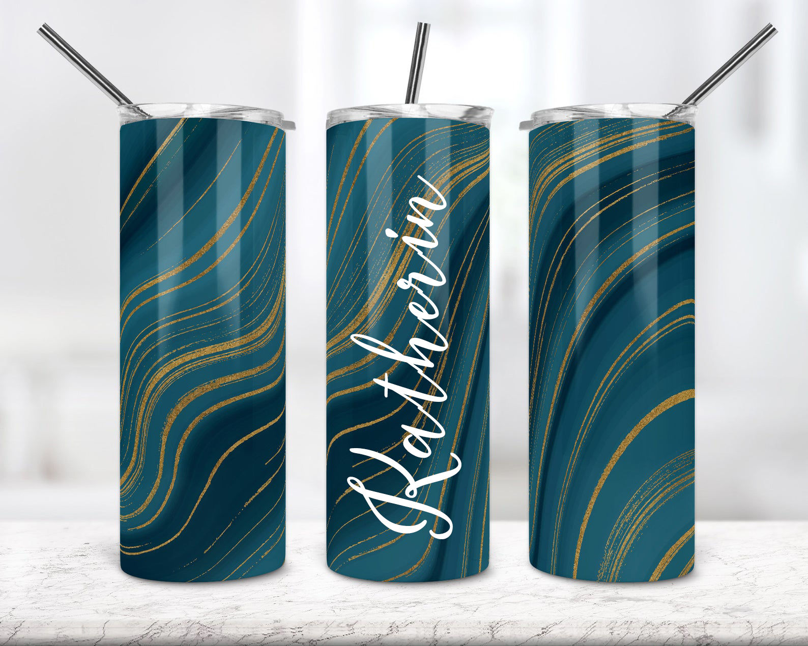 Blue Glitter Marble Personalized 20Oz Skinny Tumbler, Custom Name Tumbler, Custom Skinny Tumbler