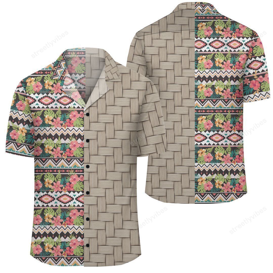 Hawaiian Hibiscus Ethnic Mix Tropical Flower Lauhala Moiety Shirt Ah Jr Ha45000