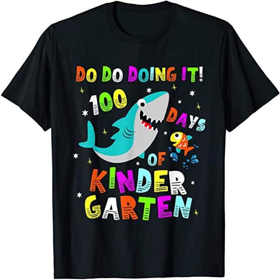 100 Days Of School Shirt 100 Days Of Kindergarten Shark For Kids Teachers Girls Boys T-Shirt Custom T Shirts Add Name Black Kids Toddler Adult Size S To 5Xl