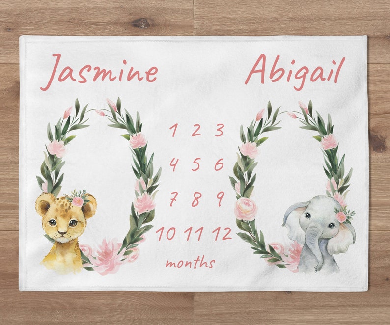 Twin Milestone Blanket, Personalized Safari Animals Monthly Baby Blanket, Lion Elephant Nursery, Floral Nursery, Safari Baby Shower Gift