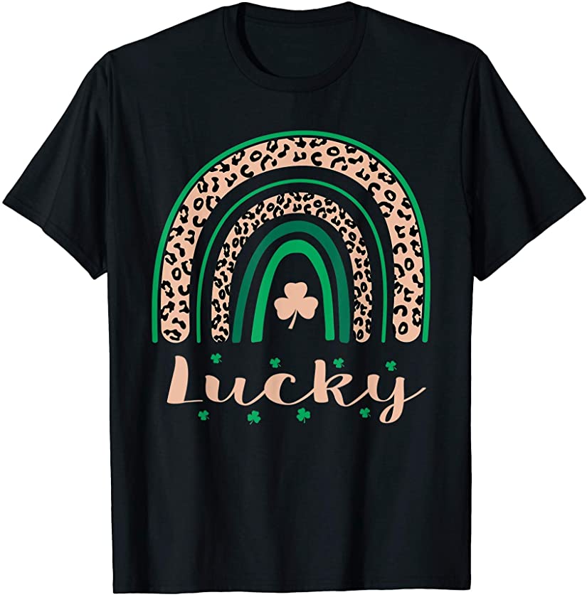 St Patrick’s Day Lucky Irish Shamrock Leopard Rainbow Boho T-Shirt