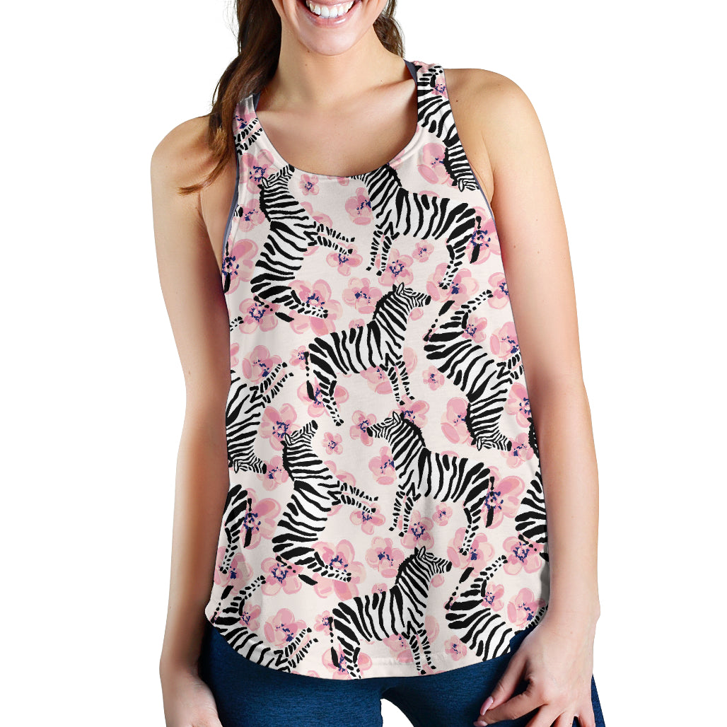 Zebra Pink Flower Background Women Racerback Tank Top