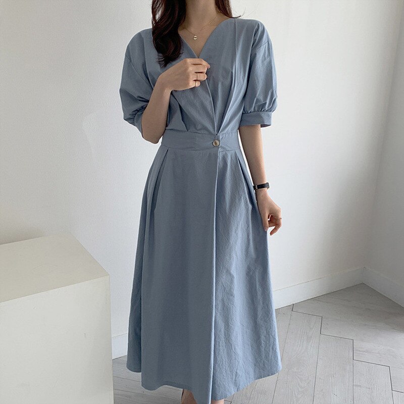 Spring Summer Long Cotton Dress Women Elegant Vintage Ladies Dresses Korean Casual V Neck Pleated Woman Dress Vestidos alx