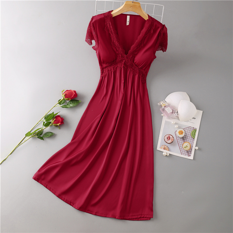 Summer New Sexy Nightgown Satin Long Sleep Dress For Women Lace Patchwork Nightdress Intimate Lingerie Loose Sleepwear Homewear alx