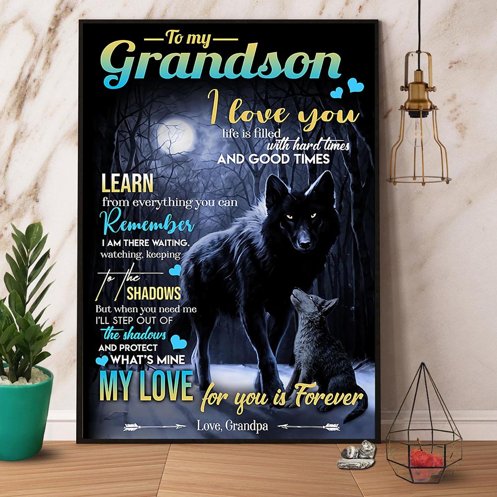 Wolf Grandpa To My Grandson I Love You Portrait Poster And Canvas,Gift For Grandson Home Decor Wall Art Visual Art