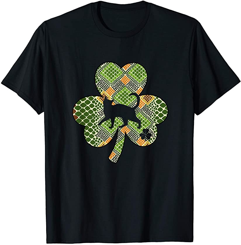 Womens St. Patrick’s Day Leopard Plaid Cat Shamrock Clover T-Shirt