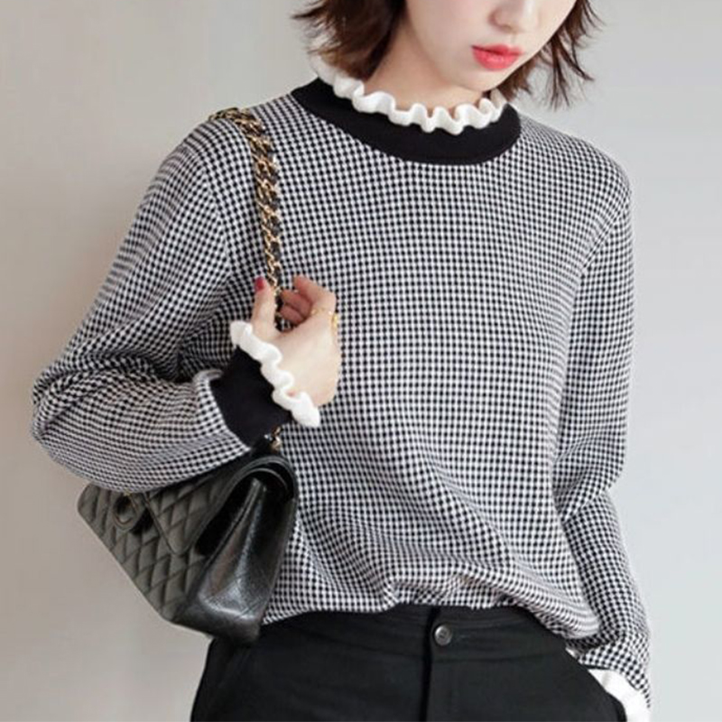 2022 Winter Ruffles Collar Plaid Jacquard Casual Sweater Lady Elegant Fashion Loose All-match Knitted Jumper Top Women Pullover alx