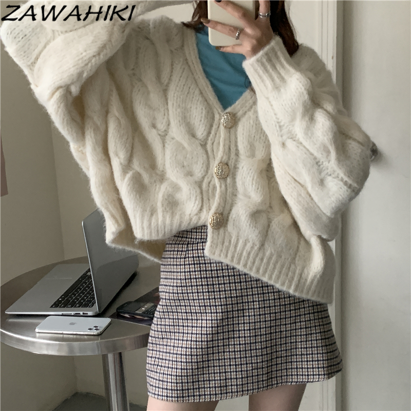 ZAWAHIKI Pink Solid Short Loose Sweaters Autumn New Vintage Lazy Style Korean Long Sleeve V Neck Knitted Cardigan Women Tops alx