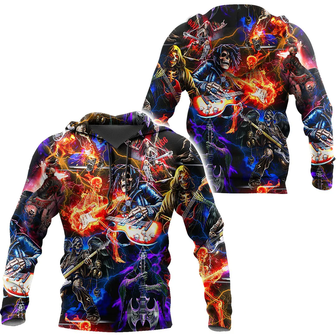 3D All Over Print Rock Skulls Hoodie, Colorfull Music Skull On Hoodies