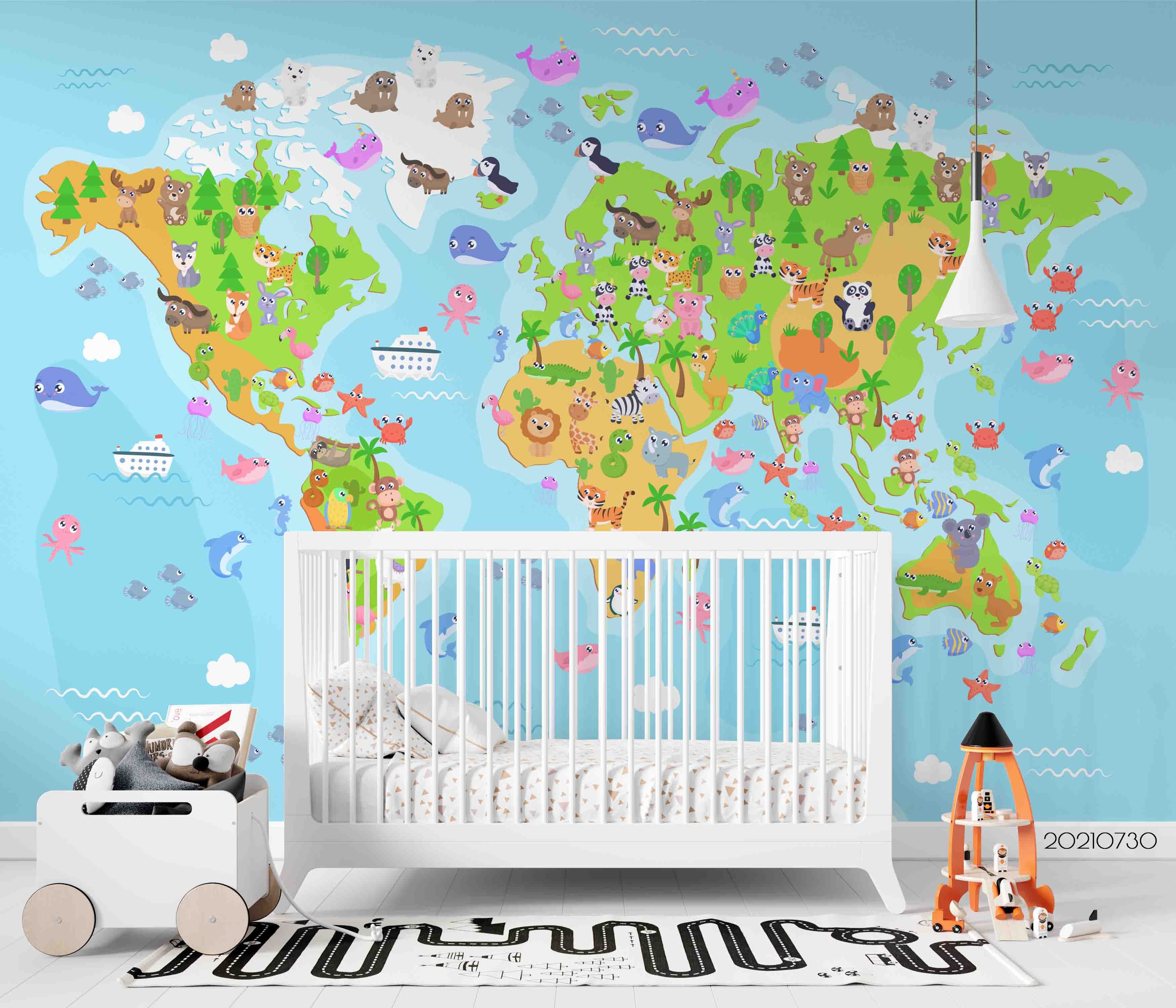 3D Animal Map World Cartoon Wall Mural Wallpaper Sww4452