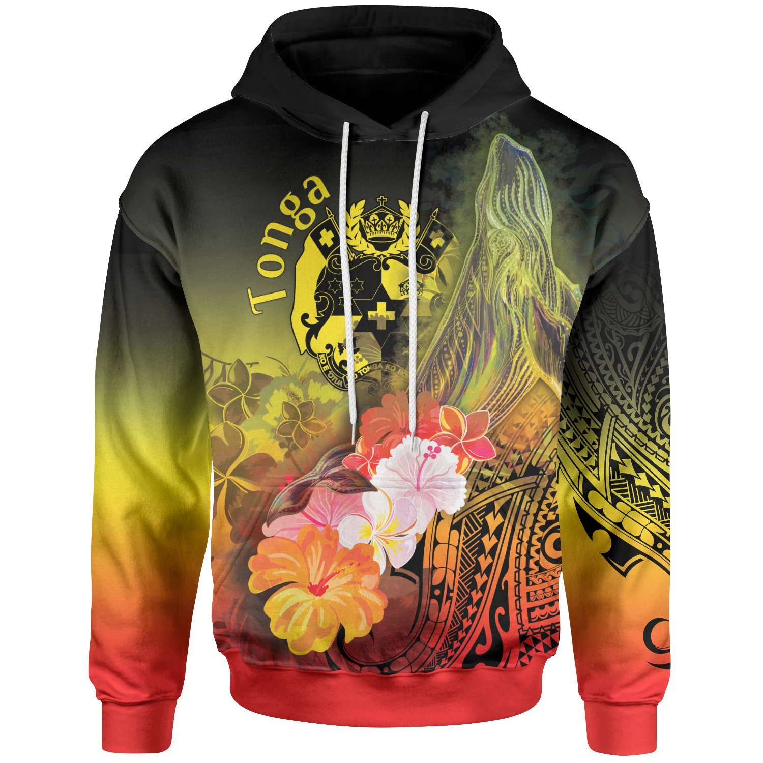 TONGA Hoodie – Humpback Whale with Tropical Flowers (YELLOW)- BN18