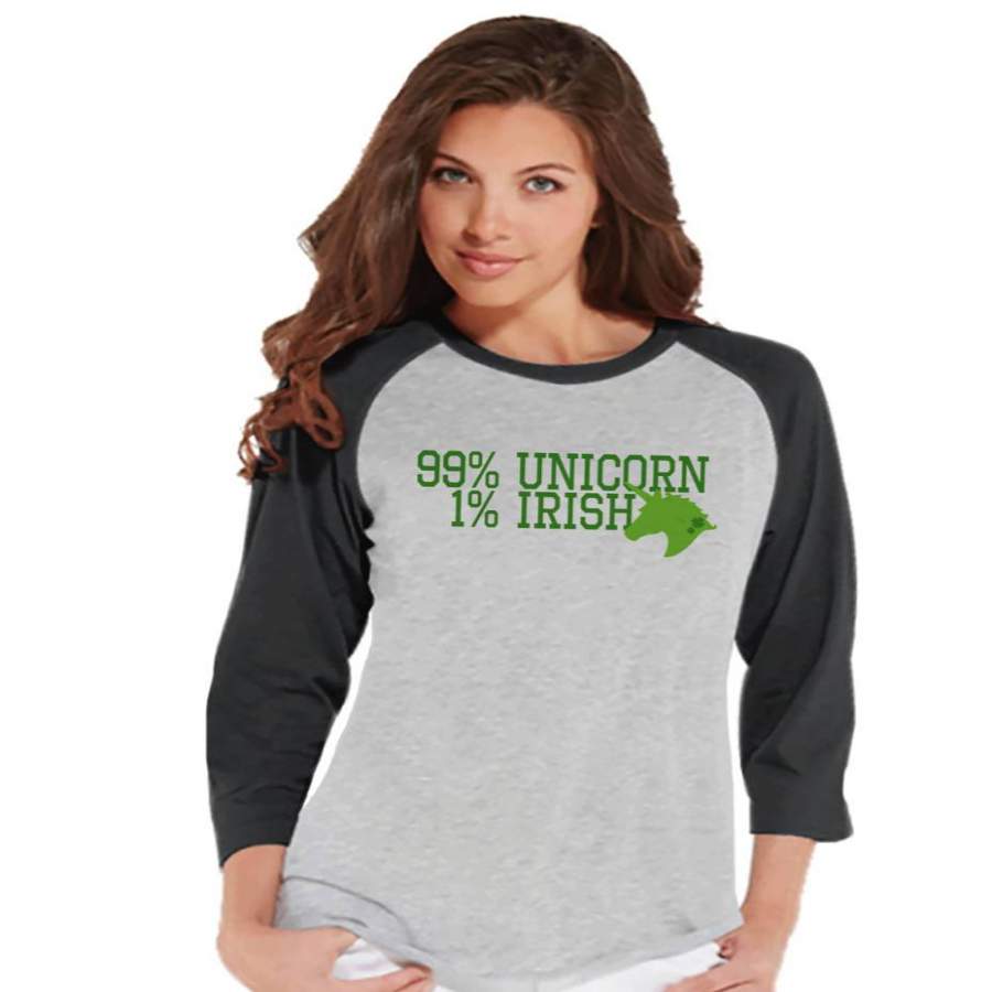 Women’s Unicorn Shirt – 99% Unicorn – St Patrick’s Day Irish Unicorn T-shirt – Womens Grey Raglan Tee – Green Lucky Unicorn – Gift for Her