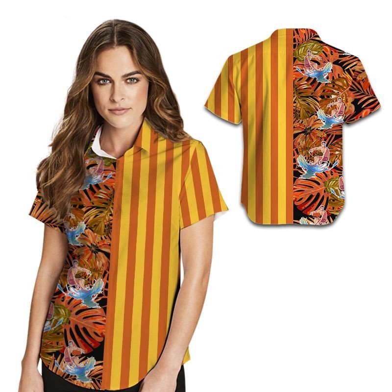 Surfing Tropical Leaves Women Hawaiian Shirt For Water Sport Lovers In Daily Life