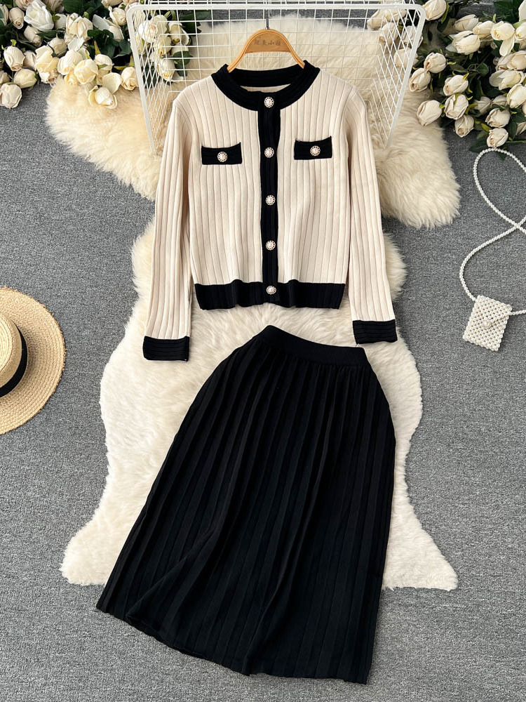 Autumn Winter Korean Knitted Chic Women Striped Cardigans Sweater + Elastic Waist Midi Pleated Skirt Suits Two Pieces Set Female alx