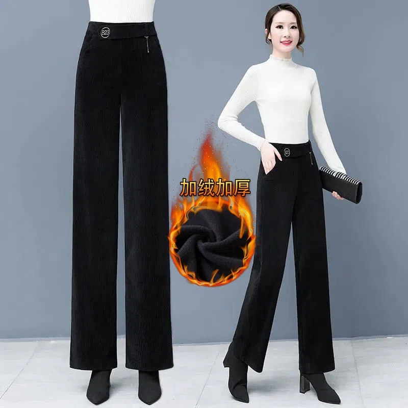 Autumn Fashion Velvet Baggy Pantalon Elegant Winter Thick Corduroy Pants Women Office Work Warm Elastic High Waist Wide Leg Pant alx