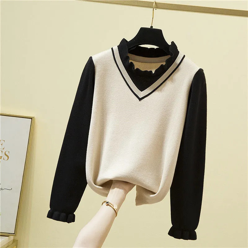 2022 Autumn New Women’s Pullover Korean Loose Long Sleeved Fake Two Piece Knitted Sweater Coat Female Casual Basic Tops Y790 alx