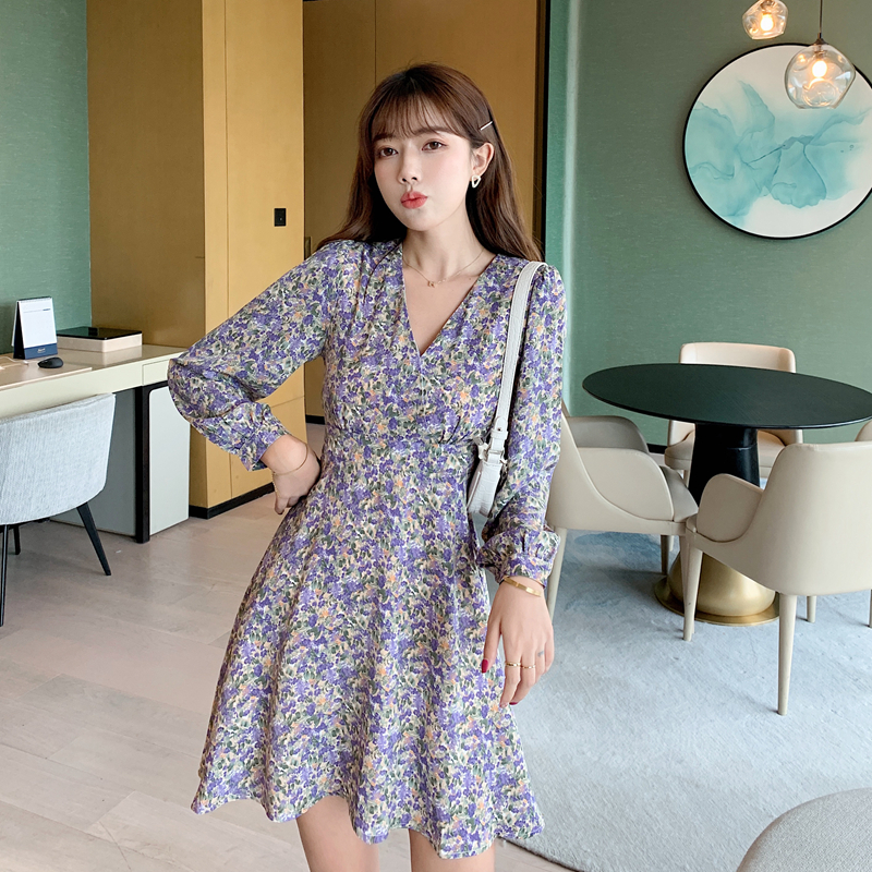 Summer Dress 2022 Spring New Korean Women’s French Long-sleeved Print Floral V-neck Chiffon Dress High Waist Short Dress Women alx