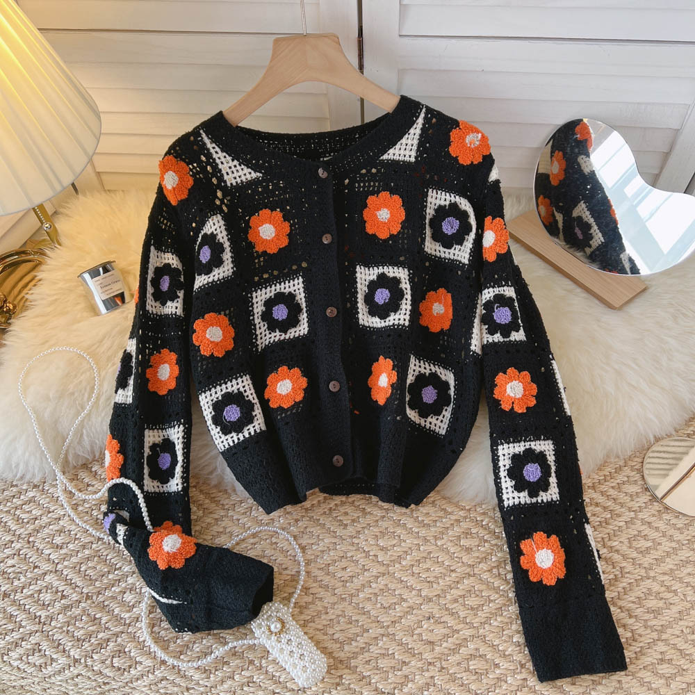 Chic Autumn Spring V-Neck Hollow Embroidery Flower Knitted Cardigan Floral Crocheted Sweater Coat Retro OL Crop Tops Knitwear alx