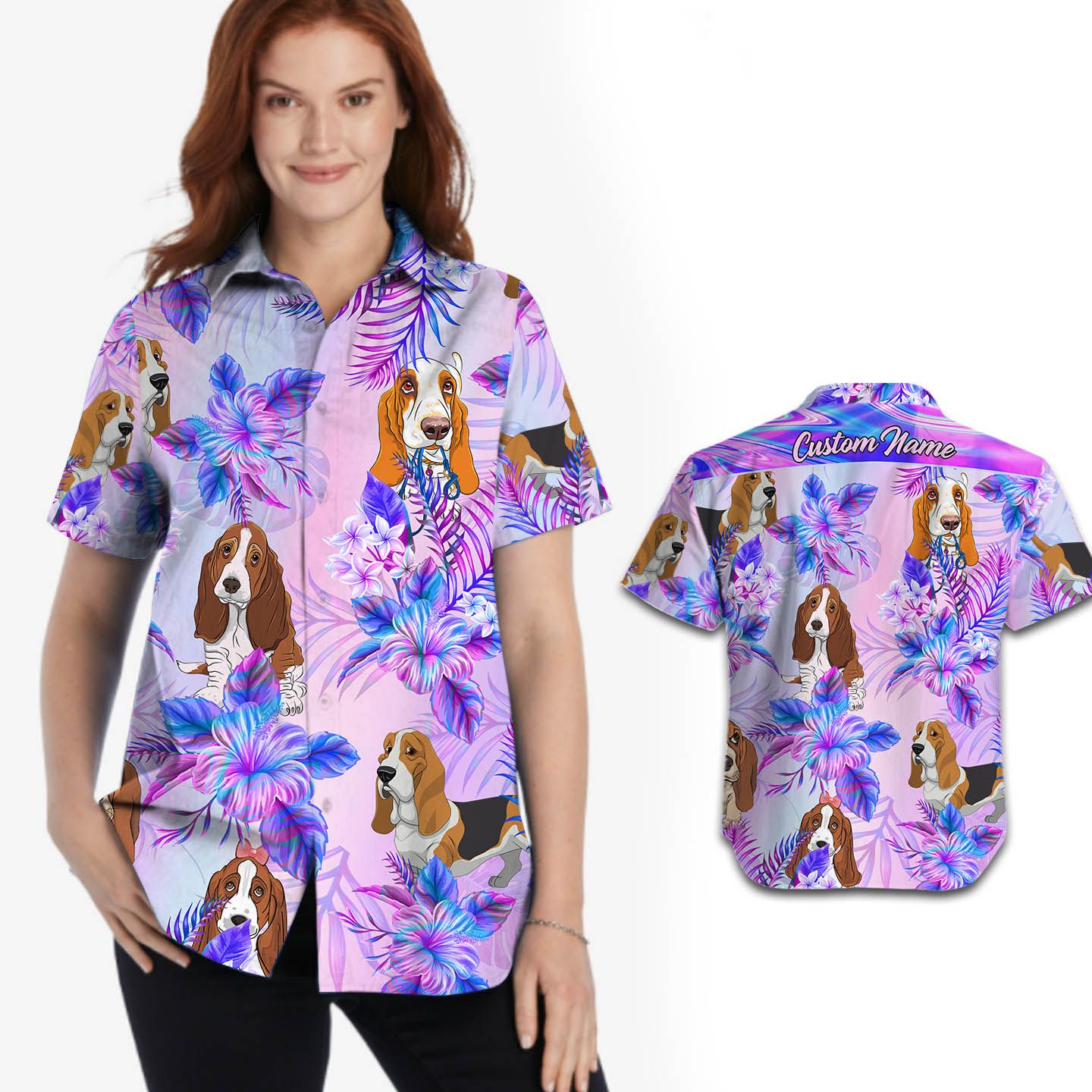 Basset Hound Holographic Tropical Flowers Custom Name Women Hawaii Shirt Ha82760