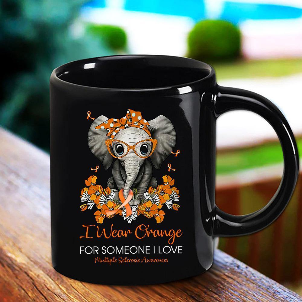 Mutiple Sclerosis Awearness Cute Elephant I Wear Orange For Someone I Love Flower Black Mug