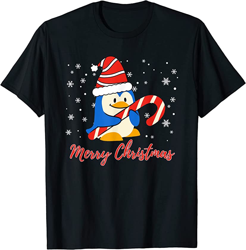 Cute Merry Christmas Penguin Candy Cane T-Shirt