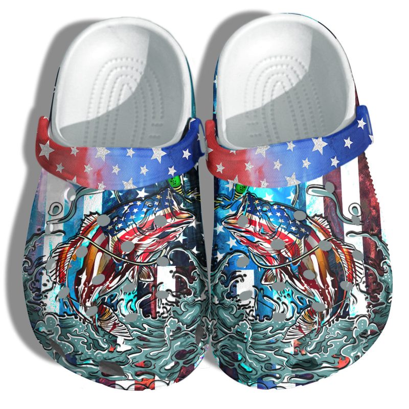 Bass Fishing Ocean America Flag Shoes Gift Step Dad – Hook Fishing Beach Camping 4Th Of July Shoes Gift Father Day