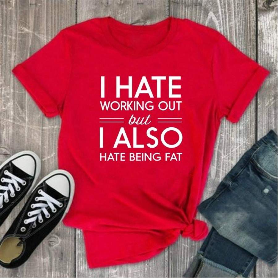 Women Fashion Summer I Hate Working Out Print Loose Tops Short Sleeve Workout Shirt