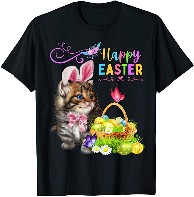 Cute Kitten Happy Easter Cat Bunny Ears & Eggs Kids Women T-Shirt