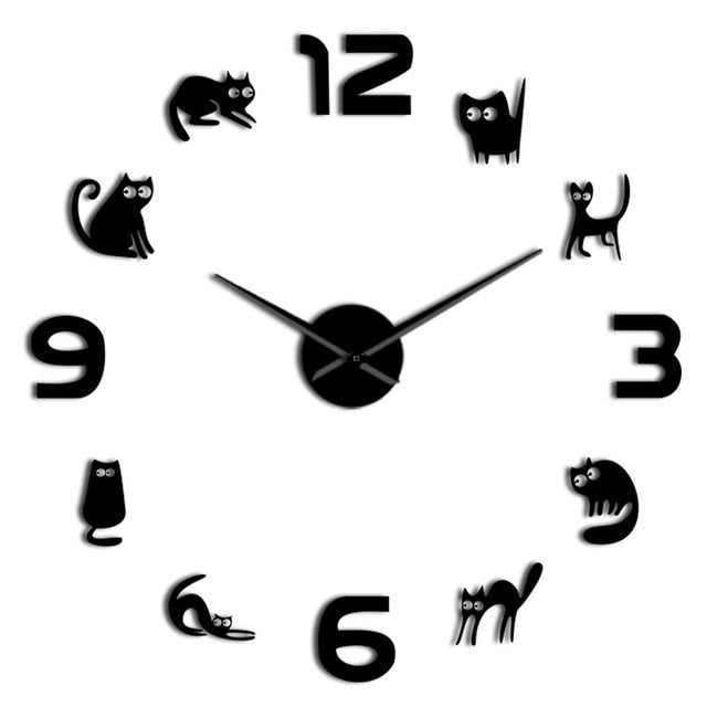 Kittens 3D Diy Mute Quartz Acrylic Mirror Effect Cat Lover Gift Home Decor Wall Clock A60