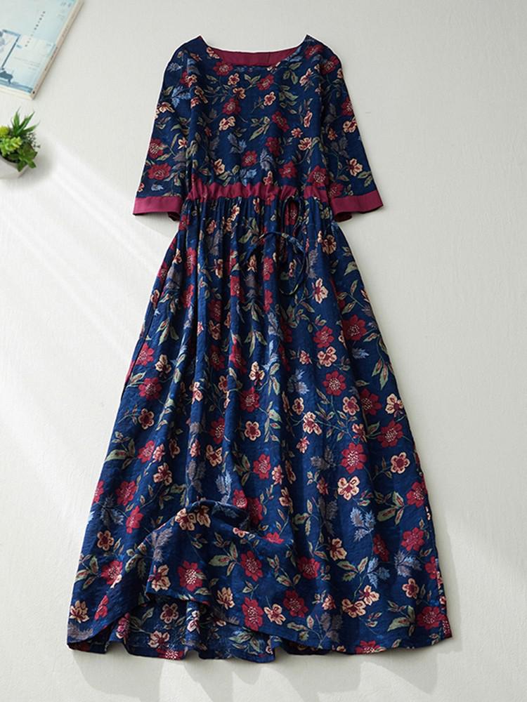 Women Summer Casual Dress New Arrival 2022 Vintage Style Floral Print Loose Comfortable Female A-line Long Dresses B1899 alx