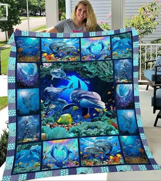 Dolphin Animal Sea Creatures Dolphin Under The Sea Under The Ocean Cave Quilt Blanket Great Customized Blanket Gifts For Birthday Christmas